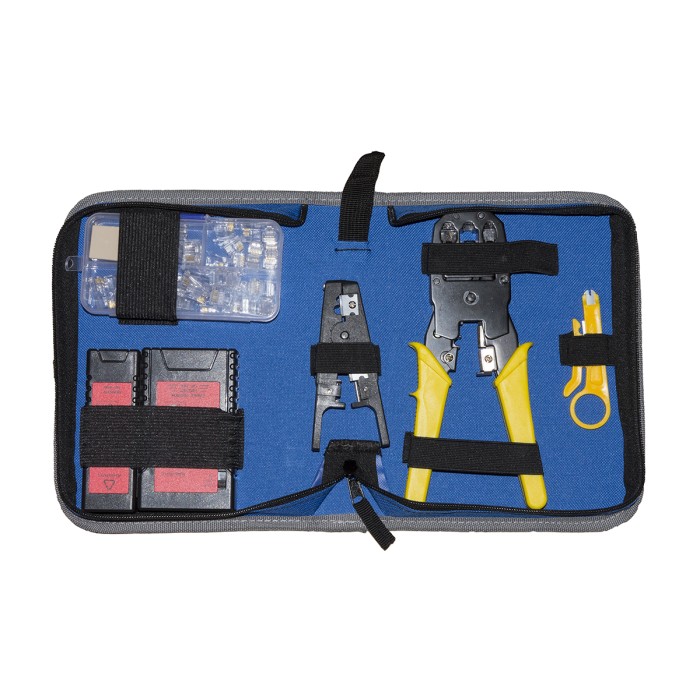 SET ATTREZZI  IN ASTUCCIO CON PINZA PER CONNETTORI 4, 6, 8 POLI, SPELAFILI, TESTER, CASSETTINA CON PLUG 6 E 8 POLI, INSERITORE KEYSTONE E TESTER CAVI DI RETE