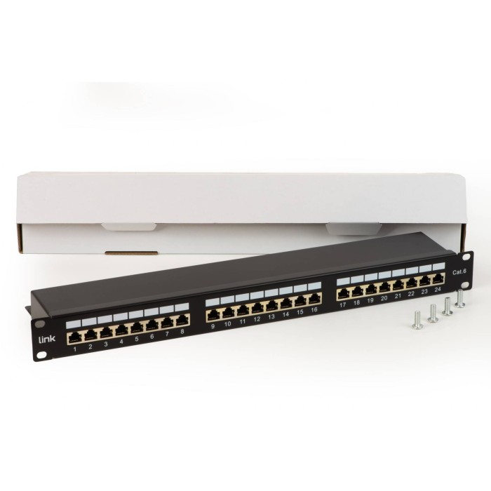 PANNELLO PATCH PER RETI CON 24 PORTE RJ45 CAT 6 SCHERMATO 19' COLORE NERO