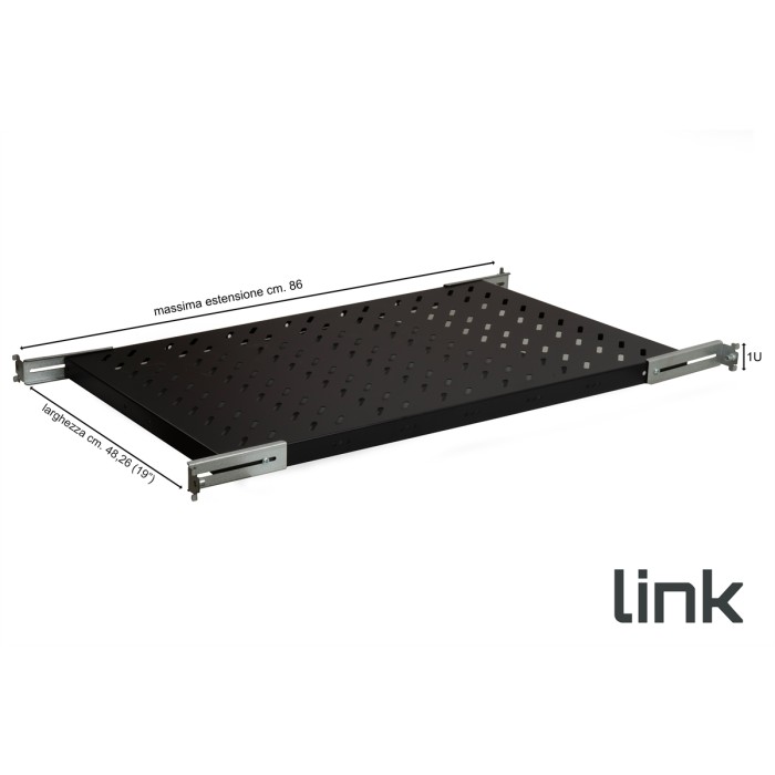 RIPIANO UNIVERSALE PER ARMADIO RACK 19' ALLUNGABILE 720 MM CON 4 AGGANCI NERO