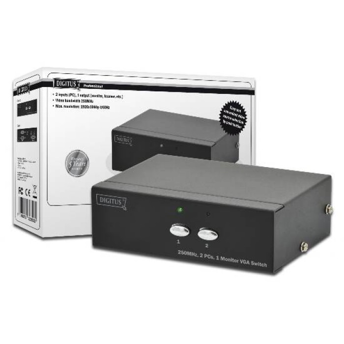 SWITCH SELETTORE VIDEO VGA 15 POLI FEMMINA 2 PC 1 MONITOR CON CONDIVISIONE AUDIO