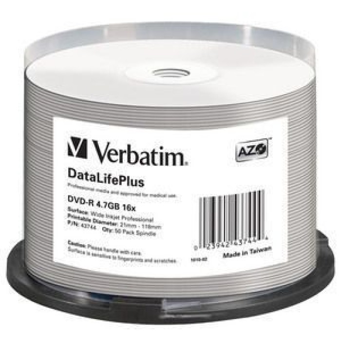 VERBATIM 43744 VERBATIM DVD-R 4.7GB DL 16X WIDE PRINT NO-ID 50PZ
