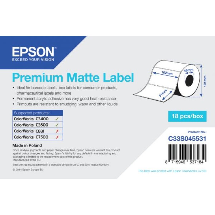 EPSON C33S045531 ROTOLO DI ETICHETTE PREMIUM MATTE 102X51MM 650 ET.