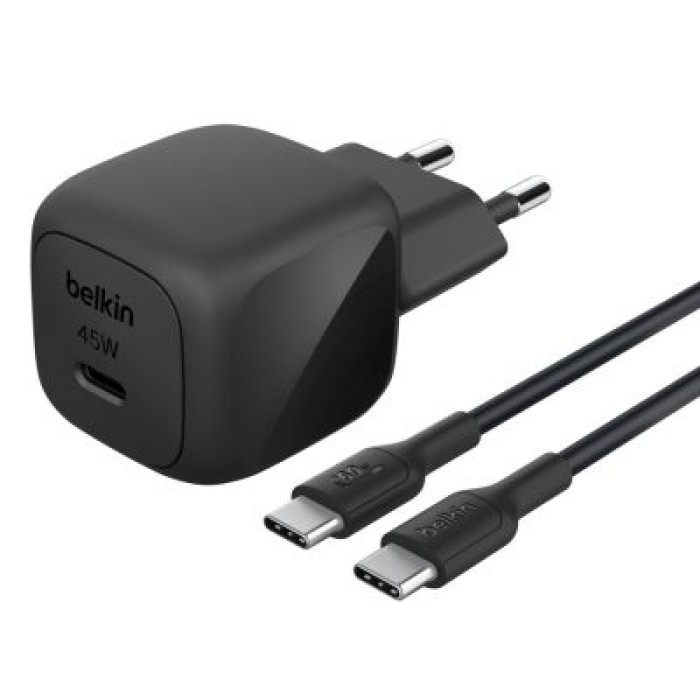 BELKIN WCA013KQ1MBK-B6 45W USB PD WALL CHARGER W/ 1M PVC C-C CABLE BLK